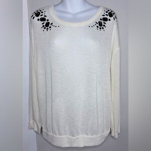 NWT JW Style Cream Lightweight Knit Sweater Black Jewel Embellishments XL